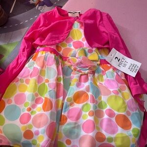 Colorful Polka Dot Dress with Pink Jacket